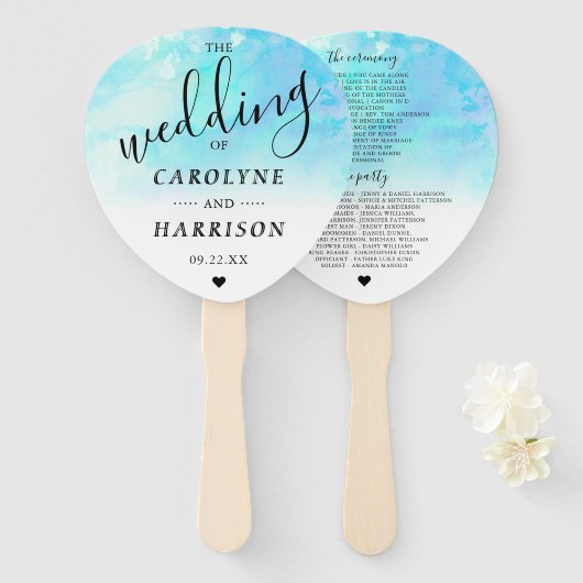 水グラデーション色結婚式 プログラムハンドファン – 青 ハンドファン (正面&裏面)