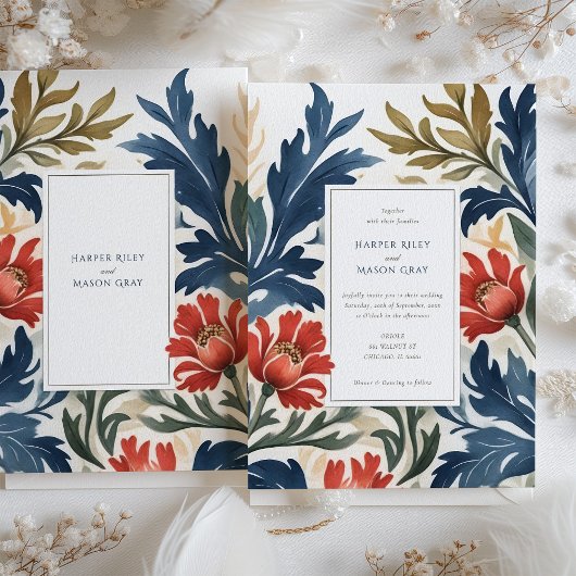 水コンテンポラリー色花模様結婚式招待状 招待状