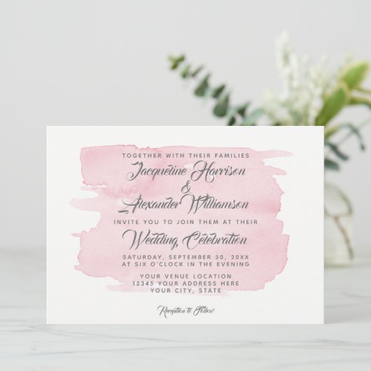 水シンプル彩ピンクの筆モダン跡 招待状 (スタンド正面)