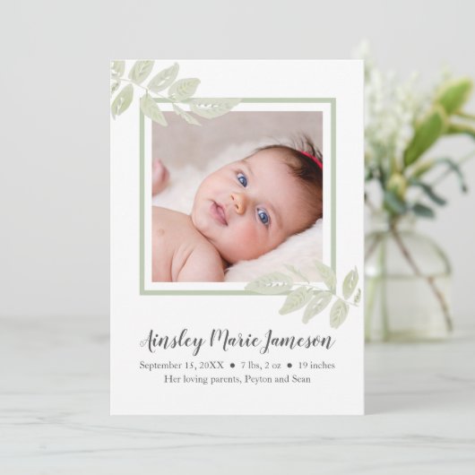 水シンプル彩植物のベビーガール誕生 案内状 (スタンド正面)