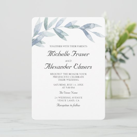 水シンプル色の植物葉のエレガントウェディング 招待状 (スタンド正面)