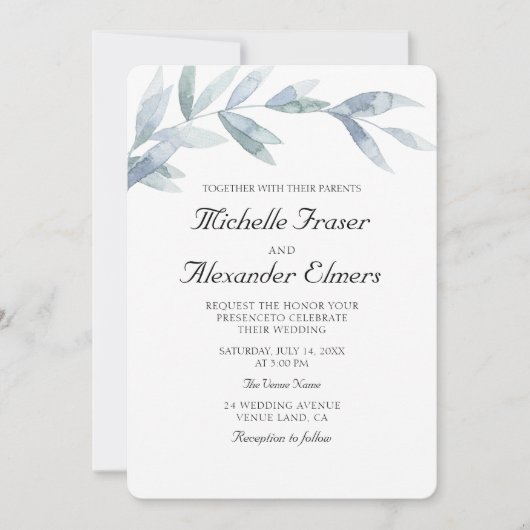 水シンプル色の植物葉のエレガントウェディング 招待状 (正面)