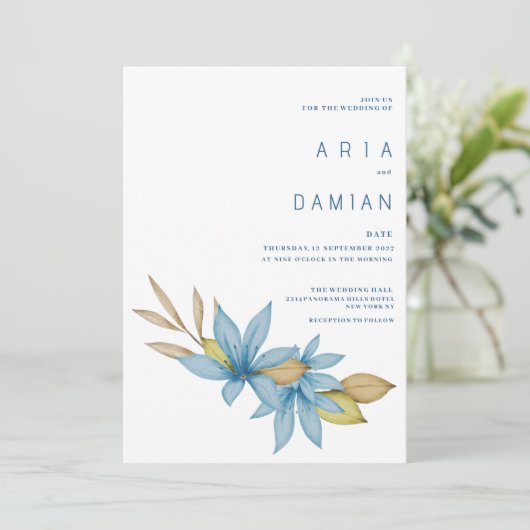 水シンプル色の茶色の青色のフローラ結婚の 招待状 (スタンド正面)