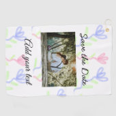 水シンプル色ピンクの青い花は日付を保存 ゴルフタオル (横)