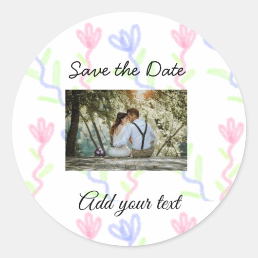 水シンプル色ピンクの青い花は日付を保存 ラウンドシール (正面)