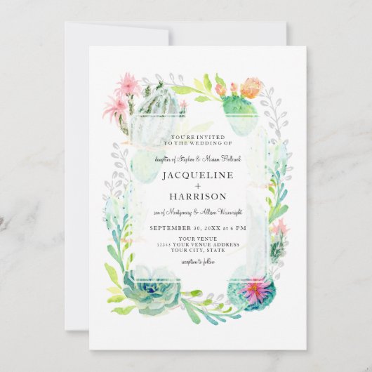 水シンプル色砂漠サボテンフローラアート 招待状 (正面)