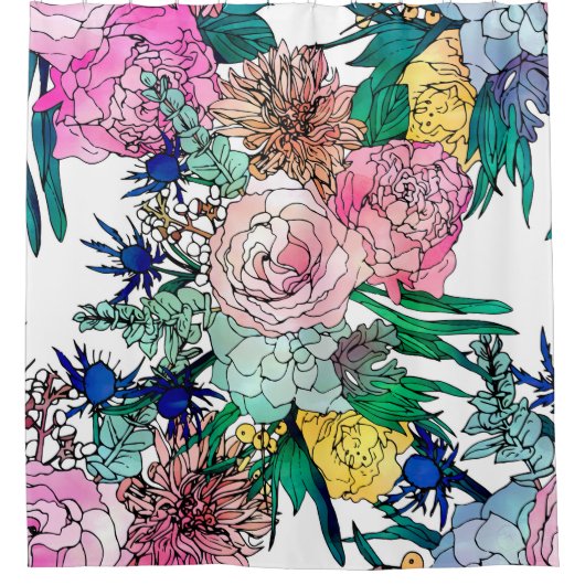 水スタイリッシュカラフル彩花模様 シャワーカーテン (正面)