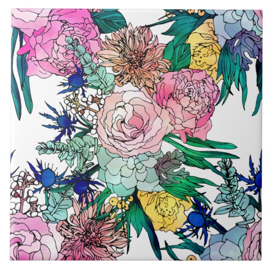 水スタイリッシュカラフル彩花模様 タイル (正面)