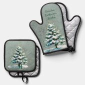 水スタイリッシュ色の雪の木パーソナライズされた 鍋つかみ&鍋敷きセット (正面/裏面)