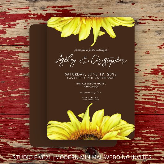 水スタイリッシュ色ひまわりクルミ結婚ブラウン 招待状