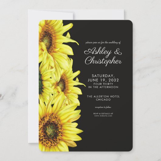 水スタイリッシュ色ひまわり煙黒結婚色 招待状 (正面)