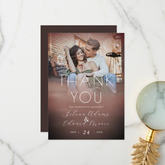 水スタイリッシュ色バラ金ゴールド結婚写真 サンキューカード (正面/裏面インサイチュ)