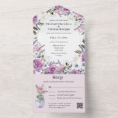 水スタイリッシュ色パープルフローラqrコー結婚ド オールインワン招待状 (内側)