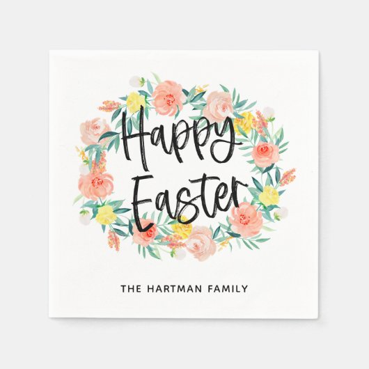 水スタイリッシュ色フローラリースハッピーイースター名 スタンダードカクテルナプキン (正面)