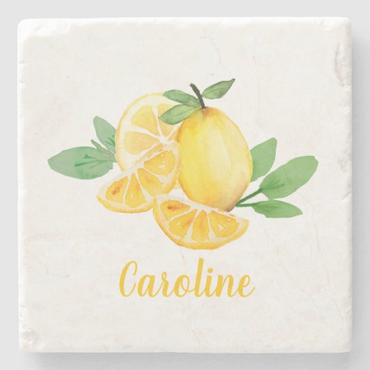 水スタイリッシュ色レモンフルーツパーソナライズされた名 ストーンコースター (正面)