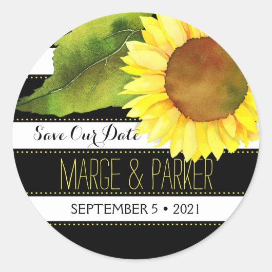 水ストライプの色ひまわり結婚の日付 ラウンドシール (正面)