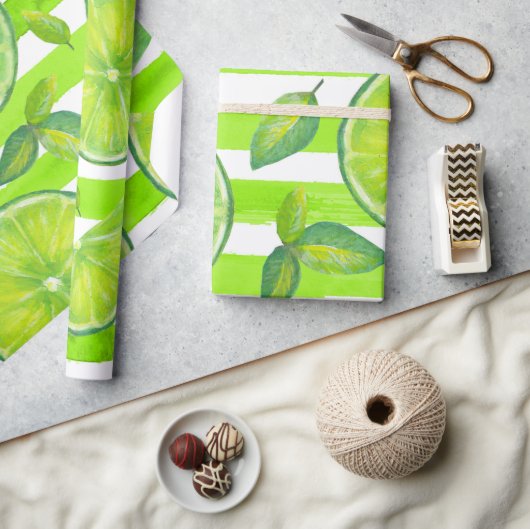 水ストライプの色ライム ラッピングペーパー (クラフト)