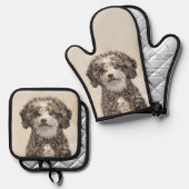 水スペインの犬絵を描の茶色の二色犬の芸術 鍋つかみ&鍋敷きセット (正面/裏面)