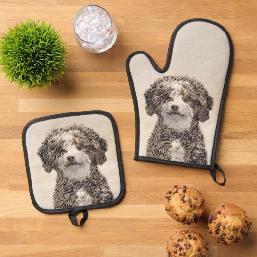 水スペインの犬絵を描の茶色の二色犬の芸術 鍋つかみ&鍋敷きセット (トップダウン)