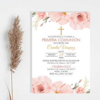 水スペインの色の花First Communion 招待状
