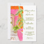 水スペインの色トロピックピンク(詳細付き結婚) 招待状 (正面)