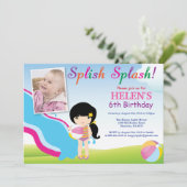 水スライドのプールを囲んでのパーティの誕生日の招待状の女の子 招待状 (スタンド正面)