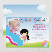 水スライドのプールを囲んでのパーティの誕生日の招待状の女の子 招待状 (正面/裏面)