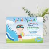 水スライドのプールを囲んでのパーティの誕生日の招待状の男の子 招待状 (スタンド正面)