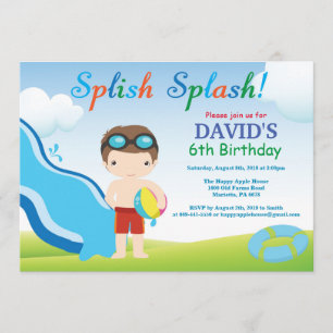 水スライドのプールを囲んでのパーティの誕生日の招待状の男の子 招待状