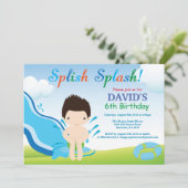 水スライドのプールを囲んでのパーティの誕生日の招待状の男の子 招待状 (スタンド正面)