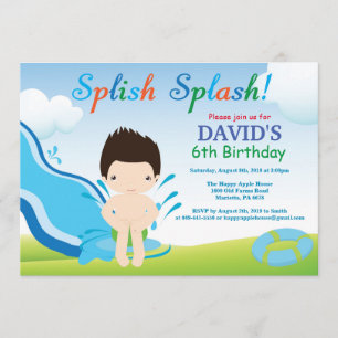 水スライドのプールを囲んでのパーティの誕生日の招待状の男の子 招待状