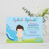水スライドのプールを囲んでのパーティの誕生日の招待状の男の子 招待状 (スタンド正面)