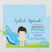 水スライドのプールを囲んでのパーティの誕生日の招待状の男の子 招待状 (正面/裏面)