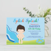 水スライドのプールを囲んでのパーティの誕生日の招待状の男の子 招待状 (スタンド正面)