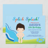 水スライドのプールを囲んでのパーティの誕生日の招待状の男の子 招待状 (正面/裏面)