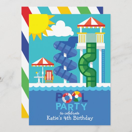 水スライドのプールを囲んでのパーティの誕生日の招待状 招待状 (正面/裏面)