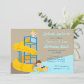 水スライドの誕生日-男の子水公園のプールを囲んでのパーティ 招待状 (スタンド正面)