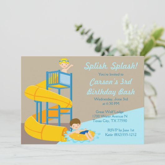 水スライドの誕生日-男の子水公園のプールを囲んでのパーティ 招待状 (スタンド正面)