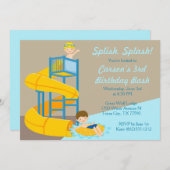 水スライドの誕生日-男の子水公園のプールを囲んでのパーティ 招待状 (正面/裏面)