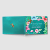 水ティール（緑がかった色）ルアウ（ハワイ式宴会）フローラ熱帯リース結婚ズ ゲストブック (全面)