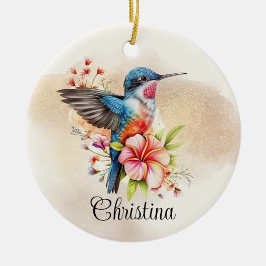 水パーソナライズされたエレガント色ハミングバード セラミックオーナメント (正面)