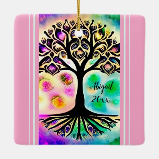 水パーソナライズされた色の生命の木感動的 セラミックオーナメント (裏面)