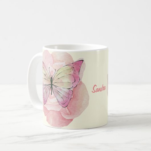水パーソナライズされた色の蝶と花 コーヒーマグカップ (正面左)