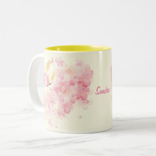 水パーソナライズされた色の蝶と花 ツートーンマグカップ (正面左)