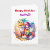 水パーソナライズされた色アニメガールキツネ誕生日 カード (正面)