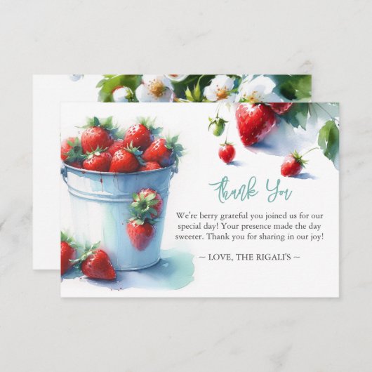水パーソナライズされた色イチゴありがとう サンキューカード (正面/裏面)