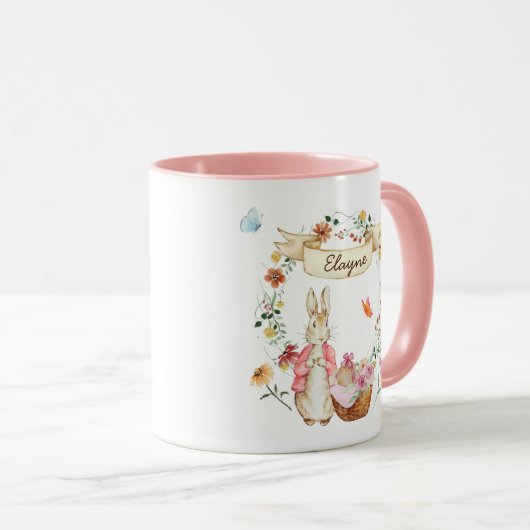 水パーソナライズされた色イースターバニーと花 マグカップ (正面右)