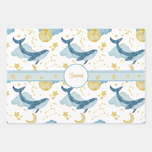 水パーソナライズされた色クジラの子供の名前 ラッピングペーパーシート (正面2)