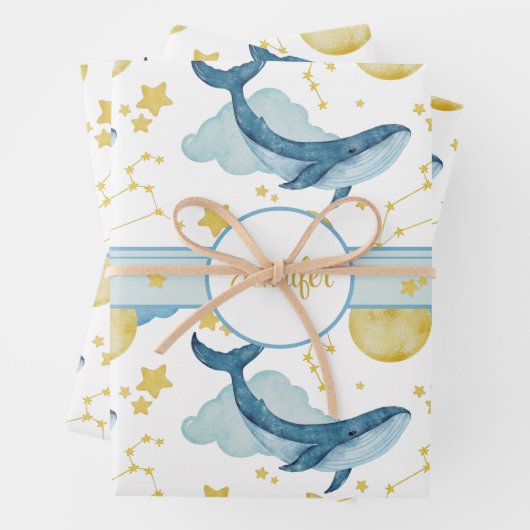 水パーソナライズされた色クジラの子供の名前 ラッピングペーパーシート (インサイチュ)