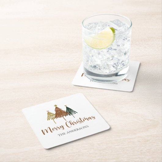 水パーソナライズされた色クリスマスツリー スクエアペーパーコースター (インサイチュ)